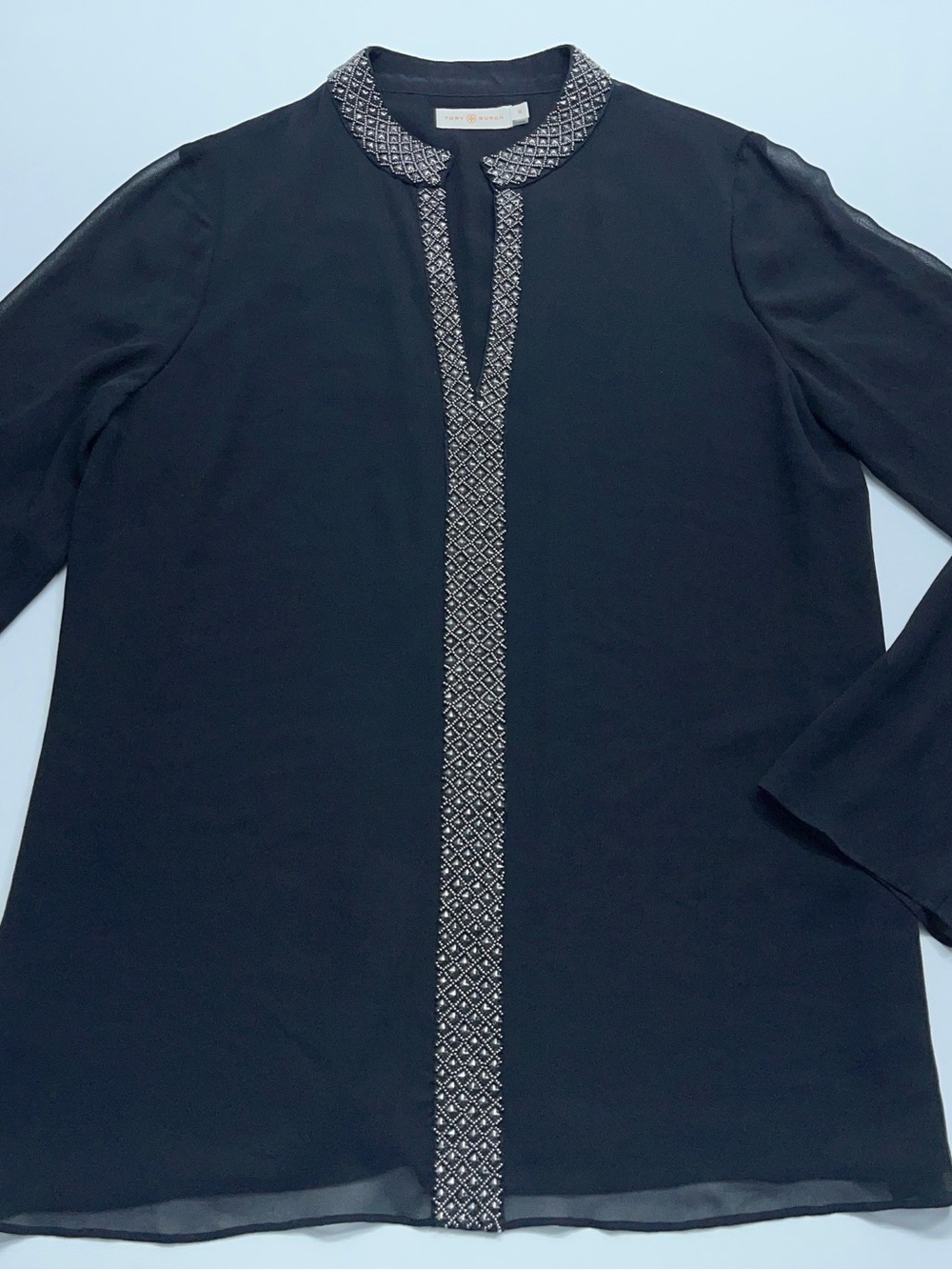 Tory Burch Silk Blouse Womens Size 10 Black Embellished Long Sleeve Front Lined